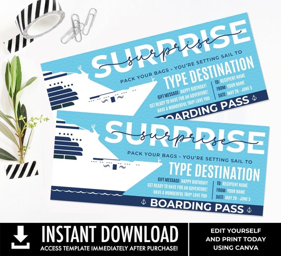 Surprise Cruise Gift Voucher, Cruise Gift Certificate, Boarding Pass, Birthday Cruise Ticket Coupon | Edit with CANVA–INSTANT DOWNLOAD