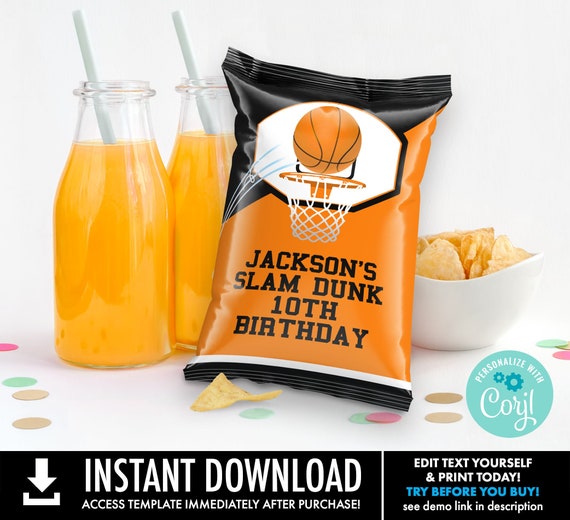 Basketball Party Chip Bag Wrap/Label-Treat Bag Potato Chip Bag,Basketball Birthday | Personalize using CORJL–INSTANT DOWNLOAD Printable