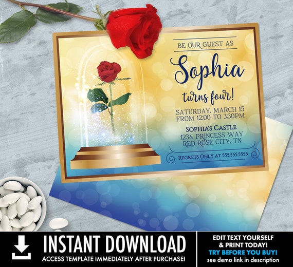 Beauty & the Beast Invitation - Belle Birthday Party, Beauty Birthday | Self-Edit with CORJL - INSTANT DOWNLOAD Printable Template Il_570xn