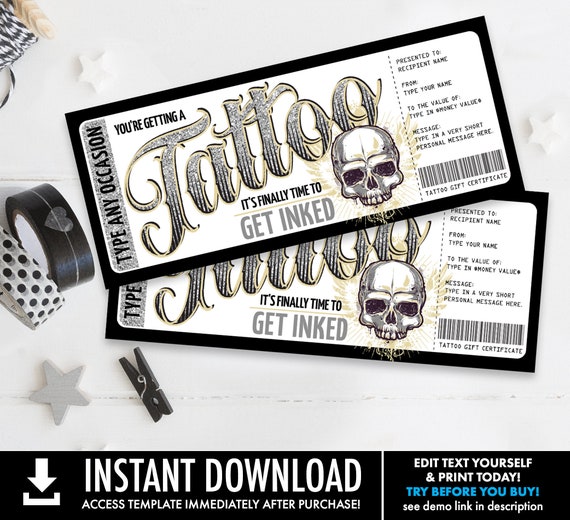 Tattoo Gift Certificate - Skull Design - Get Inked Gift Card Voucher | Self-Edit with CORJL - INSTANT DOWNLOAD Printable Il_570xn