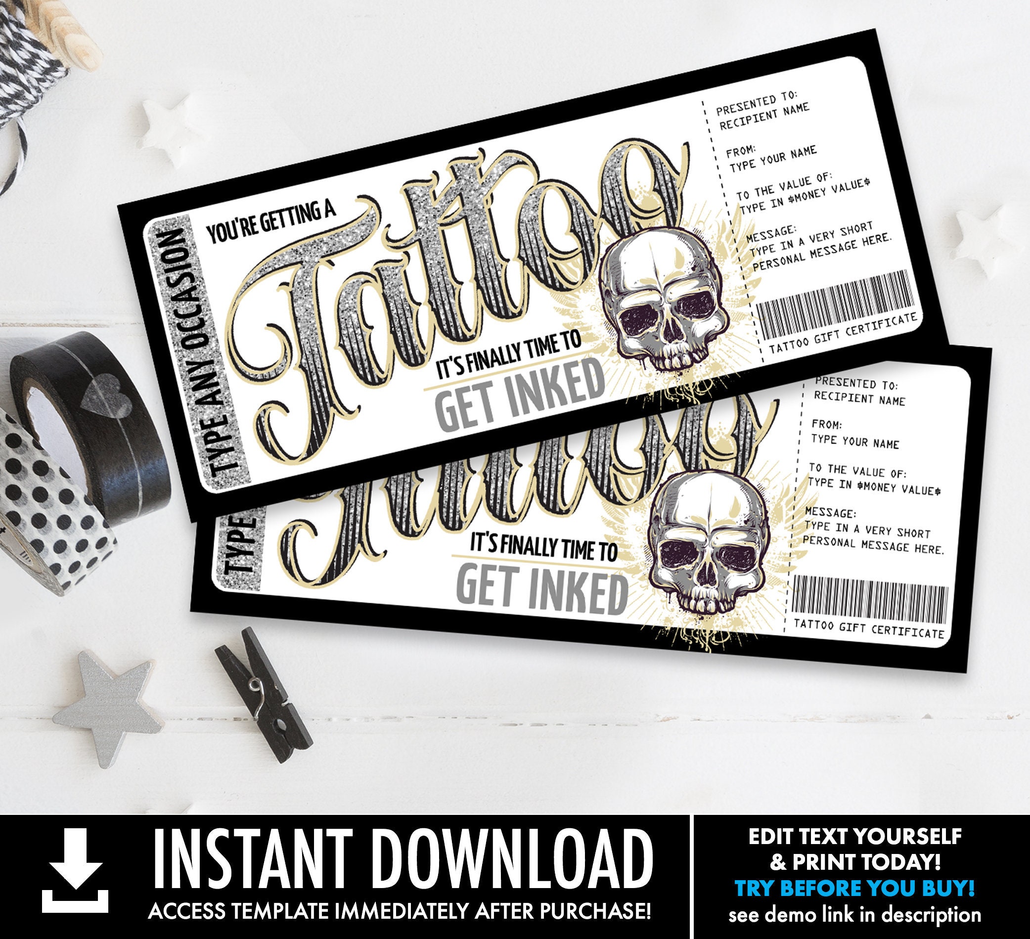 Tattoo Gift Certificate - Skull Design - Get Inked Gift Card Voucher   Self-Edit with CORJL - INSTANT DOWNLOAD Printable Throughout Tattoo Gift Certificate Template