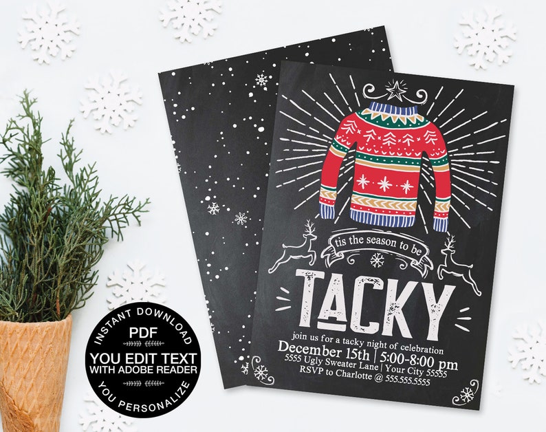 Ugly Sweater Party Invitation, Tacky Sweater Party, Christmas Party, Christmas Office Party Editable Text, Instant Download PDF Printable image 1