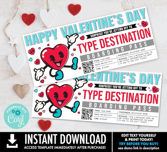 Valentine Boarding Pass Ticket, Surprise Valentine Trip Ticket, Trip Gift Certificate | Self-Edit with CORJL-INSTANT DOWNLOAD Printable