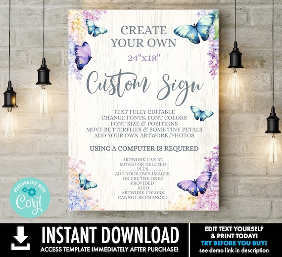 Butterfly 18x24 Custom Sign/Poster - Butterflies & Flowers, Spring Garden | Self-Edit with CORJL - INSTANT DOWNLOAD Printable