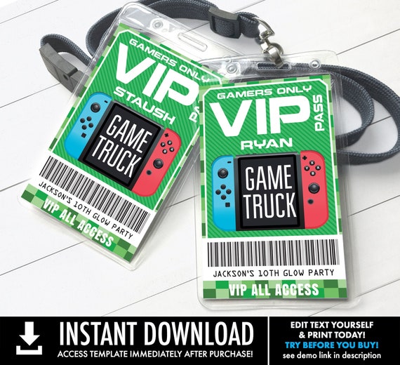 Video Game Badges - VIP Video Game I.D. Badges, Video Game Birthday, ruck Party | Self-Edit with CORJL - INSTANT Download Printable Template Il_570xn