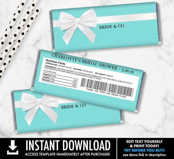 Bridal Shower Candy Bar Label/Wrapper - Bridal Shower Favor, Wedding Turquoise Favor | Self-Editing with CORJL - INSTANT DOWNLOAD Printable