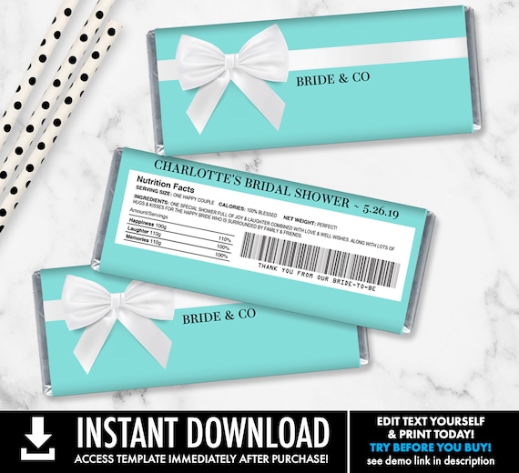 Bridal Shower Candy Bar Label/Wrapper - Bridal Shower Favor, Wedding Turquoise Favor | Self-Editing with CORJL - INSTANT DOWNLOAD Printable