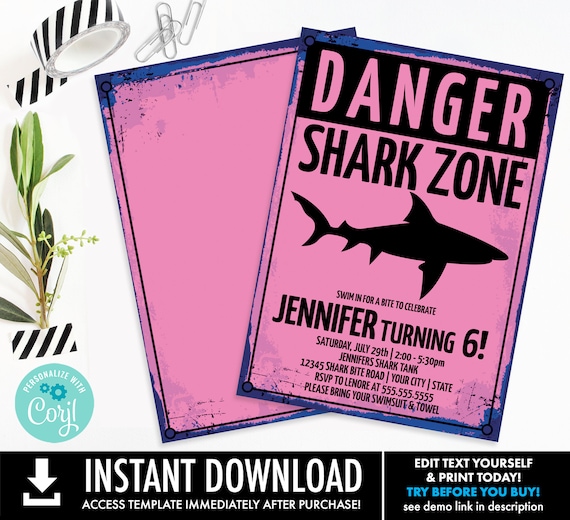 Shark Party Invitation - Shark Birthday Party, Shark Zone Invite, Shark Week | Self-Edit with CORJL - INSTANT DOWNLOAD Printable Template