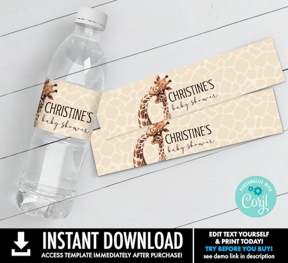 Giraffe Baby Shower Water Bottle Label, Water Bottle Wrap  | Self-Edit with CORJL - Instant DOWNLOAD Printable