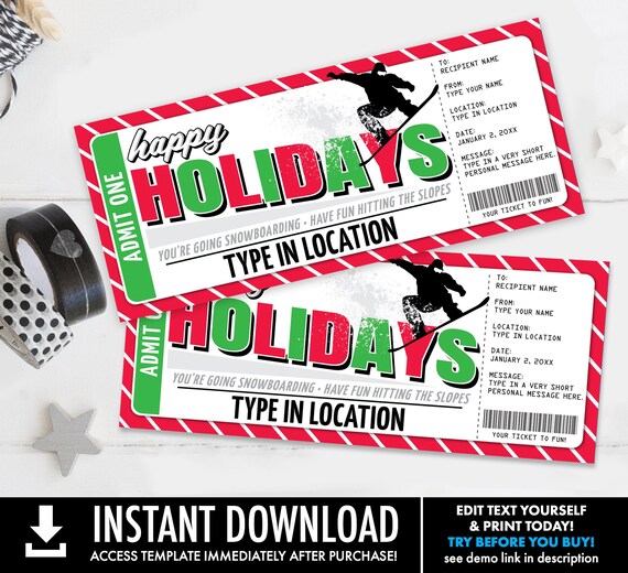 Happy Holidays Snowboarding Trip Ticket Gift Voucher,Snowboard holiday Vacation,Ski Trip | Self-Edit with CORJL - INSTANT DOWNLOAD Printable