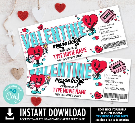 Valentine Movie Ticket, Surprise Valentine Movie Tickets, Movie Gift Certificate | Self-Edit with CORJL-INSTANT DOWNLOAD Printable