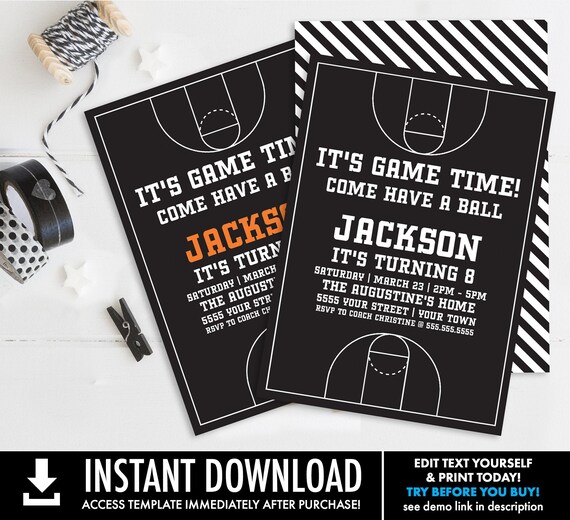 Basketball Invitation - Basketball Birthday Party Slam Dunk Birthday, Game Time | Self-Edit with CORJL - INSTANT DOWNLOAD Printable Template Il_570xn