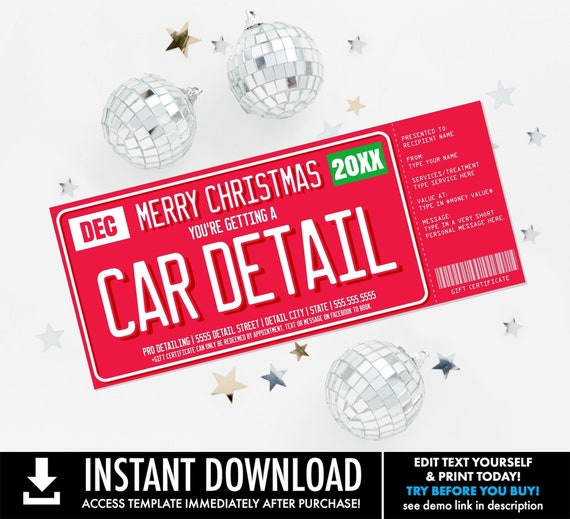 Car Detailing Christmas Gift Certificate, License Plate Car Detail Surprise Gift Voucher | Edit text using CORJL–INSTANT DOWNLOAD Printable