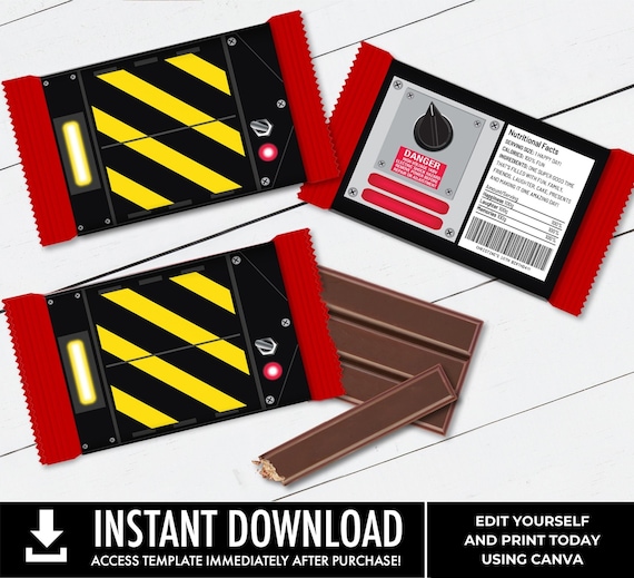 Ghost-Trap Containment Wafer Chocolate Candy Bar Label, ghost-movie inspired Halloween Party | Edit using CANVA – INSTANT Download