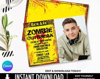 Zombie Party Photo Invitation - Zombie Outbreak Party, Halloween Invite, Costume Party Invite | Edit with CANVA - INSTANT DOWNLOAD Printable
