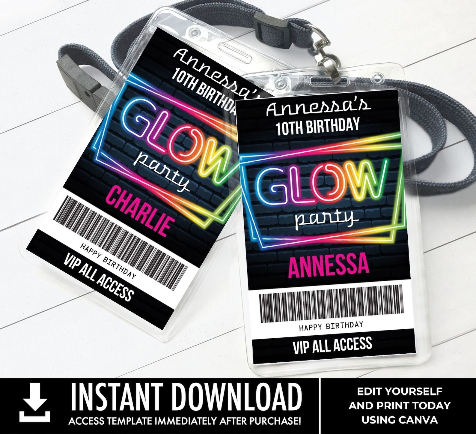Neon Glow Party VIP Badge, Neon Glow Theme, Glow Party All Access Pass ...