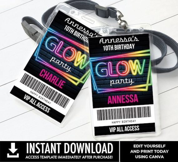 Neon Glow Party VIP Badge, Neon Glow Theme, Glow Party All Access Pass | Edit with CANVA - INSTANT Download Printable Template
