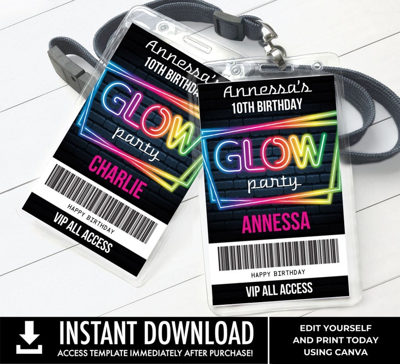 Neon Glow Party VIP Badge, Neon Glow Theme, Glow Party All Access Pass Edit with CANVA INSTANT Download Printable Template image 1