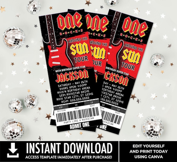 One Rocks Rockstar Party Ticket Invitations, Party like a Rockstar, Rock n Roll Birthday | Edit with CANVA - INSTANT DOWNLOAD Printable