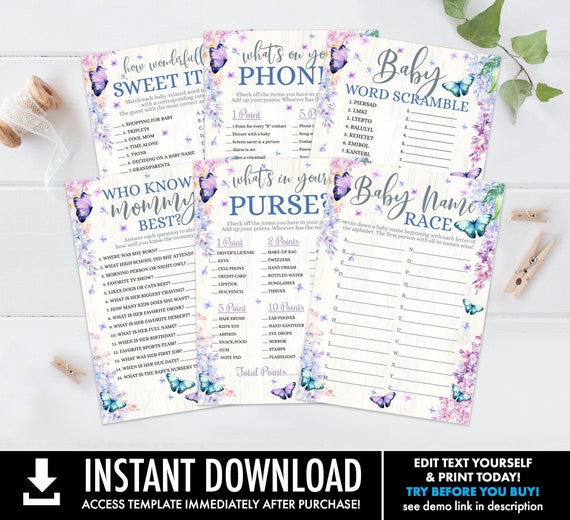 Baby Shower Games Bundle - SIX Butterfly Baby Shower Games Set-#2, Butterfly & Flowers | Self-Edit with CORJL - INSTANT Download Printable Il_570xn
