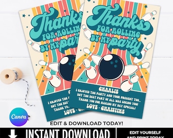 Retro Bowling Thank You Cards, Thanks For Rolling By,  Bowling Party, Bowling Birthday Nots | Edit using CANVA–INSTANT DOWNLOAD Printable