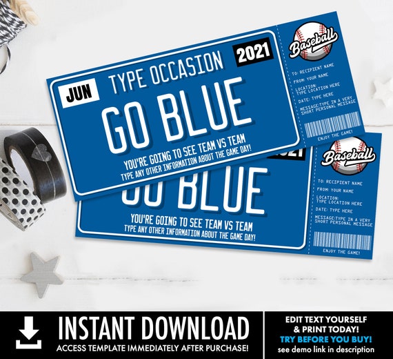 Baseball Ticket Gift Editable Template - Surprise Baseball Game Ticket, Any Occasion | Self-Edit with CORJL - INSTANT DOWNLOAD Printable