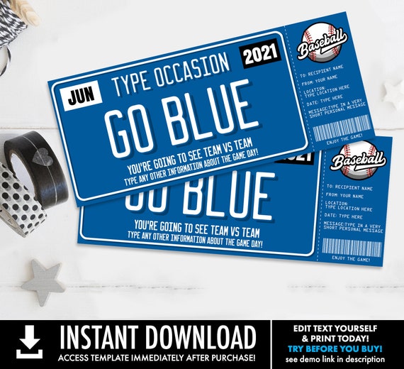 Baseball Ticket Gift Editable Template - Surprise Baseball Game Ticket, Any Occasion | Self-Edit with CORJL - INSTANT DOWNLOAD Printable Il_570xn