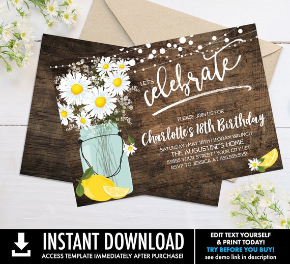 Daisy & Lemon Invitation - Rustic Daisy, Mason Jar Invite, Lemonade Birthday | Self-Edit with CORJL - INSTANT DOWNLOAD Printable Template Il_570xn