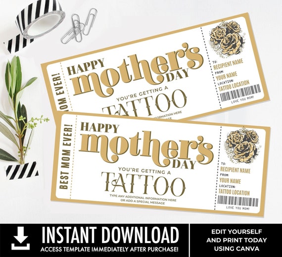 Mother's Day Tattoo Editable Golden Ticket Template, Gift Certificate, Surprise Tattoo Coupon | Edit with CANVA-Printable
