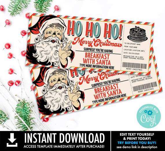 Breakfast with Santa Ticket, Pancakes with Santa, Photos with Santa,Santa Breakfast Ticket | Self-Edit with CORJL-INSTANT Download Printable