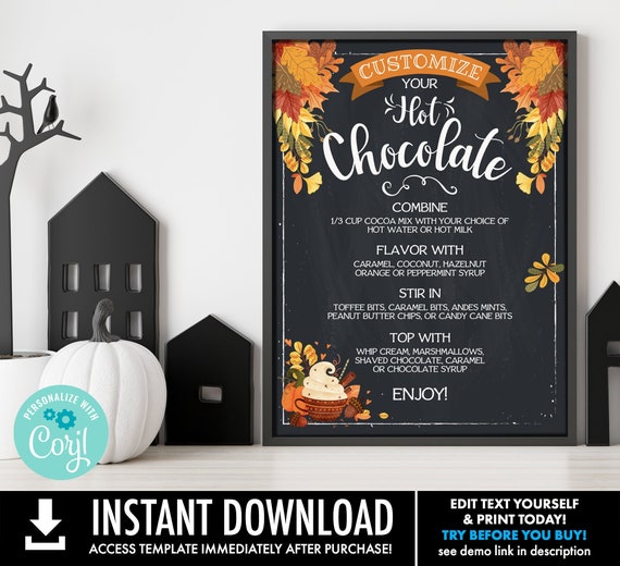 Hot Chocolate Party 18x24 Menu - Autumn Hot Coco Bar, Fall, Chocolate Bomb Party, Cocoa | Self-Edit with CORJL - INSTANT DOWNLOAD Printable