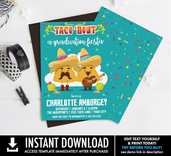Taco 'bout... a Graduation Fiesta Party Invitation - Cinco De Mayo, Fiesta BirthdayParty | Self-Edit with CORJL - INSTANT DOWNLOAD Printable Il_570xn