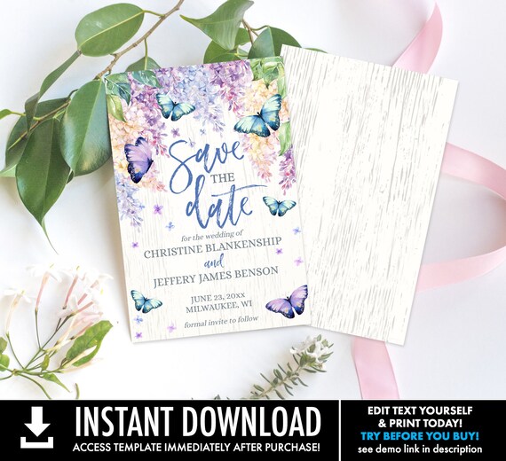 Save the Date Template, Butterflies & Lilac Wedding, Wedding Printable, Template | Self-Editing with CORJL - INSTANT DOWNLOAD Printable