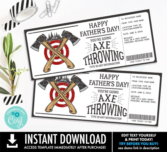 Father's Day Axe Throwing Gift Certificate, Lumberjack Surprise Gift Voucher | Self-Edit with CORJL-INSTANT DOWNLOAD Printable