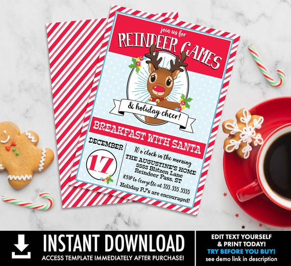 Reindeer Games Party Invitation, Breakfast with Santa, Christmas Party, Holiday Party | Self-Edit with CORJL Instant DOWNLOAD Printable