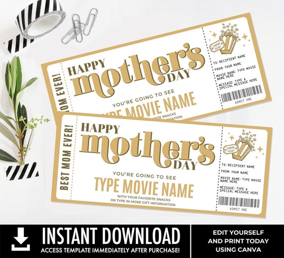 Mother's Day Movie Ticket Editable Golden Ticket Template, Gift Certificate, Surprise Movie Theater Coupon | Edit with CANVA-Printable