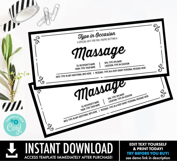 Massage Gift Voucher for Any Occasion,Surprise Gift Reveal,Spa day,Massage Coupon | Personalize using CORJL–INSTANT DOWNLOAD Printable