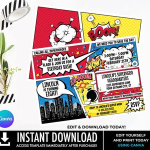 May include: A comic book style birthday party invitation for a superhero themed party. The invitation is red, yellow, and blue with a black and white cityscape in the background. The text on the invitation reads "Calling all superheroes! Get here in a flash & join us for a birthday bash! Lincoln is turning eight!" and "BOOM! We need you to save the day! 3:00PM - 5:00PM Saturday February 25th Lincoln's Superhero Headquarters 5555 Superhero Lane Your Gotham City, ST Wear your favorite superhero costume RSVP to Lincoln's Super Mom @ 555.555.5555 by February 20th"