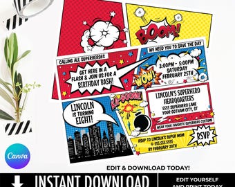 Superhero Invitation, Superhero Birthday Party, ONE-Name Invite, Comic Book Super Hero | Edit on CANVA, INSTANT Download Printable Template