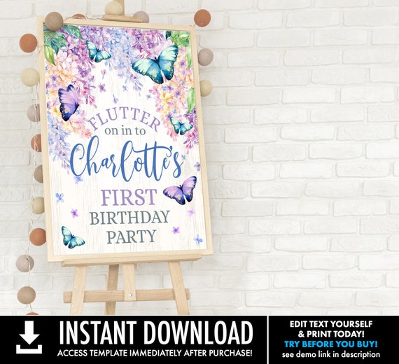 Butterfly Party 18x24 Welcome Poster - Butterflies & Flowers Poster, Spring Garden Party | Self-Edit with CORJL - INSTANT DOWNLOAD Printable