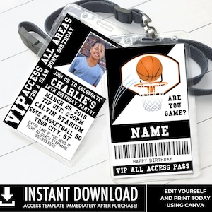 Basketball VIP ID Badge Invitation, Basketball Invite Badge, All Star Badge,Sports Badge | Edit on CANVA-Instant Download Printable Template