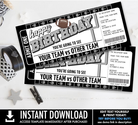 Birthday Football Ticket Gift Editable Template - Surprise Birthday Football Game Ticket | Self-Edit with CORJL - INSTANT DOWNLOAD Printable