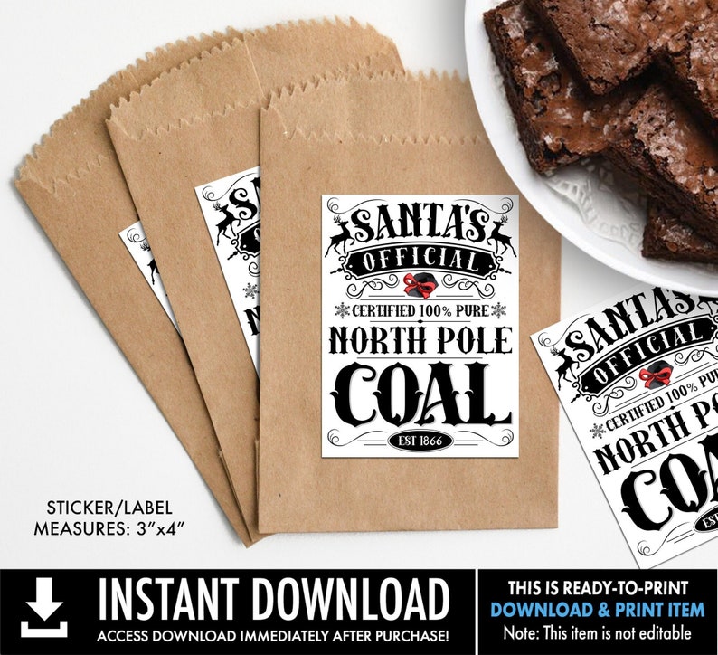 Christmas Coal Sticker/Label, Santa's North Pole Coal, Santa's Naughty List,Stocking Stuffer Ready-To-Print INSTANT Download PDF Printable image 1