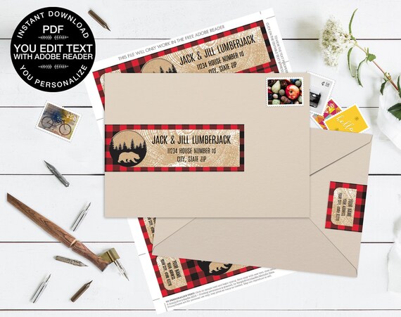 Lumberjack Wrap Address Printable Labels - Bear Lumberjack Birthday, Buffalo Plaid | Editable Instant Download DIY Printable PDF Il_570xn