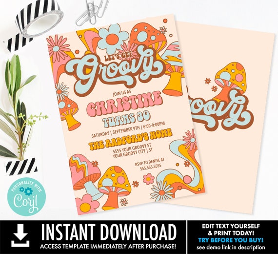 Editable Retro Let's Get Groovy Invite, Retro Birthday Invitation, Birthday Party | You Personalize using CORJL-INSTANT DOWNLOAD Printable