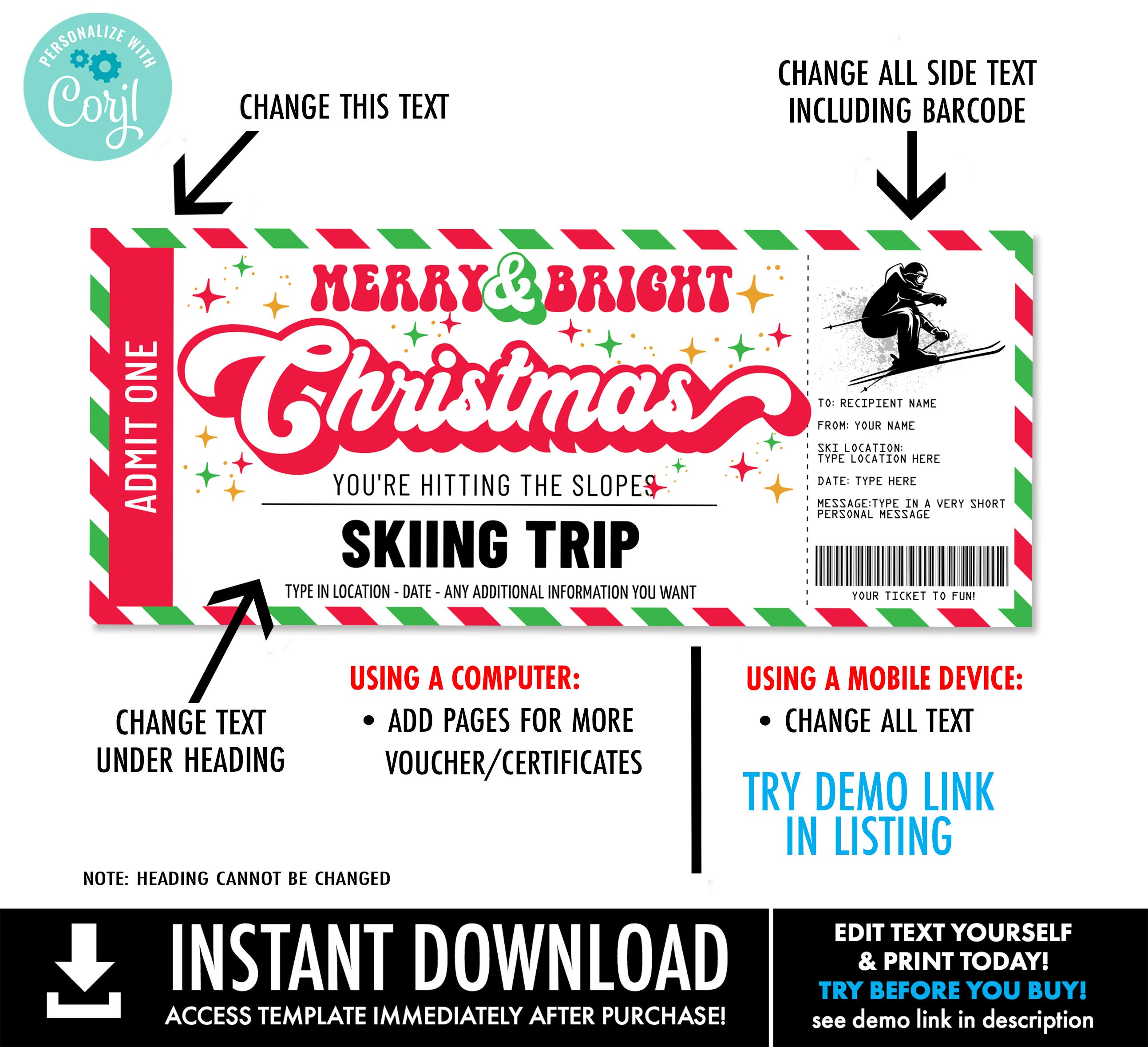 Christmas Skiing Trip Gift Certificate Ski Lift Ticket Gift Etsy Canada