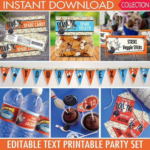 Bowling Party Set - Bowling Decor, Bowling Birthday, Retro Bowling, Blue/Orange | Editable Text INSTANT Download PDF Printable Il_570xn
