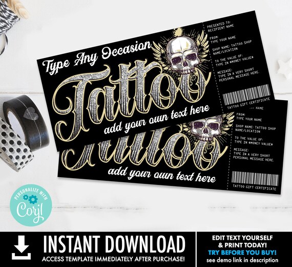 Tattoo Gift Certificate - Skull Design - Get Inked Gift Card Voucher, Any Occasion | Self-Edit with CORJL - INSTANT DOWNLOAD Printable