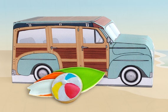 Aqua Retro Woodie Surfer Wagon Box - great as cupcake box, gift box or favor box - INSTANT Download DIY Printable PDF Kit