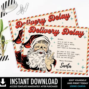 Puede incluir: Dos tarjetas navideñas de estilo vintage con el texto "Delivery Delay" en escritura roja. Las tarjetas presentan una ilustración de Papá Noel y un poema sobre regalos retrasados. Las tarjetas están bordeadas con rayas rojas y blancas.